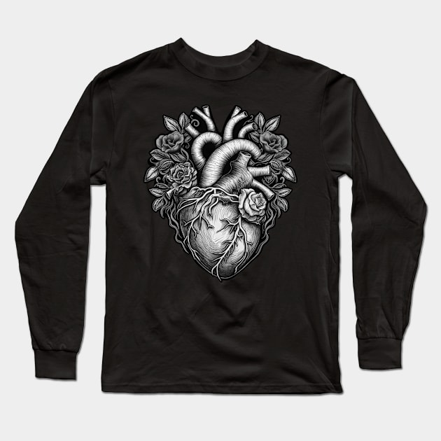 Heart and Flowers (Monochrome) Long Sleeve T-Shirt by iconymous